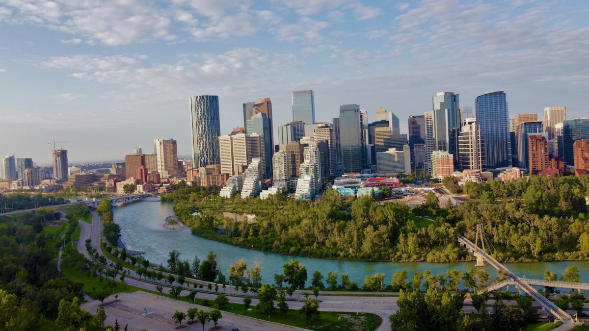 The Calgary skyline with the Bow River running through it